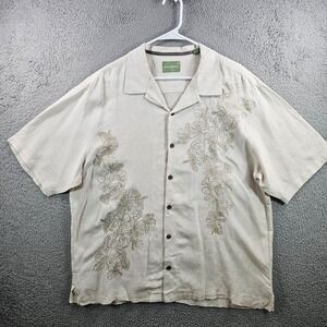 Tommy Bahama Linen Casual Shirt Men XL Floral‎ Embroidered Short Sleeve Beige